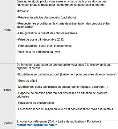 gallery Probikeshop : une nouvelle offre d&#39;emploi