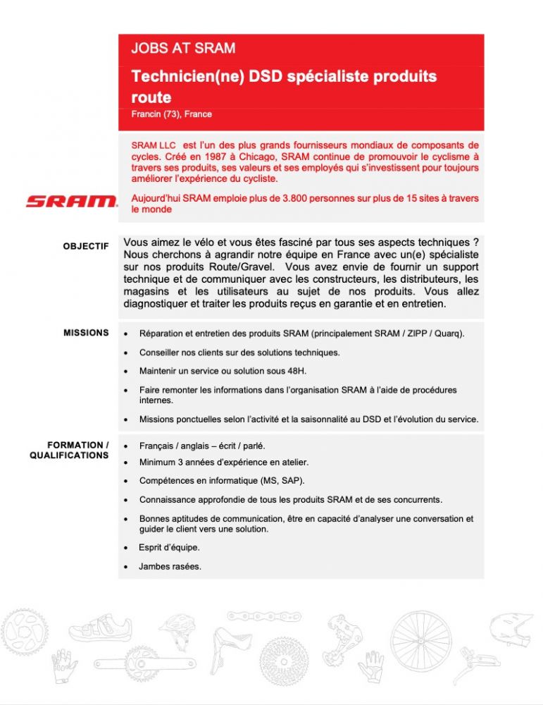 gallery Sram recrute un technicien spécialiste produits route (H / F)